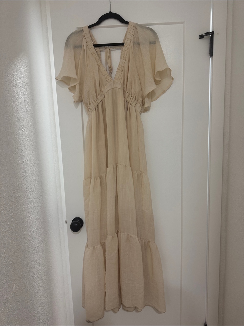 Boho Cream Tiered Maxi Dress with Flutter Sleeves
